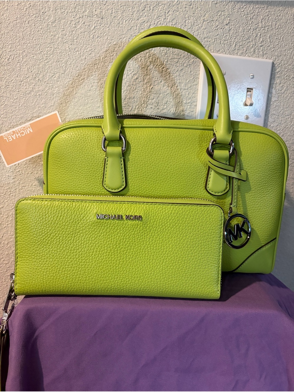 Michael Kors Thompson Lime Satchel Continental Wallet SET NWT
